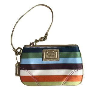 Coach Julia Legacy Stripe Satin Wristlet Multicolor Gold Leather Trim Est 1941
